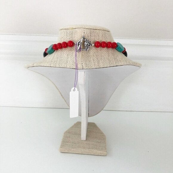 NWT Genuine Red Turquoise, Turquoise, Black Onyx Beaded Necklace Blue Black Red - Picture 4 of 5
